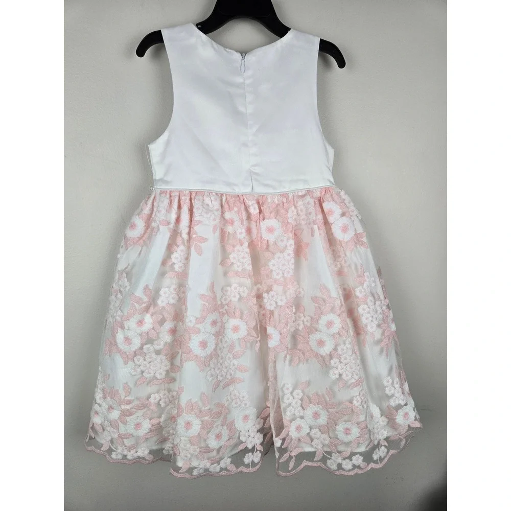 American Princess Girls Pink White Floral Lace Pearl Waist‎ Party Dress Size 5